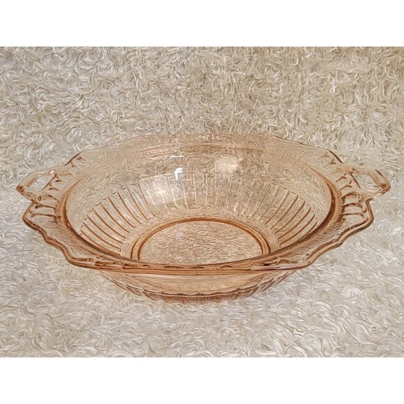 Antique Pink Depression Glass Serving Bowl in the Mayfair Open Rose Pattern - Picture 4 of 9